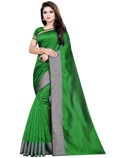 

APNISHA Green & Silver-Toned Pure Cotton Saree