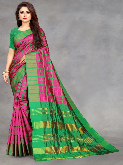 

APNISHA Green & Pink Checked Zari Pure Cotton Saree