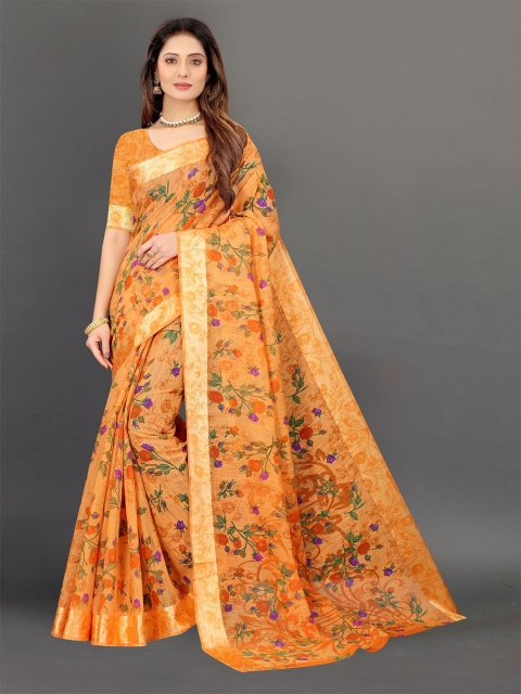 

APNISHA Orange & Green Floral Saree