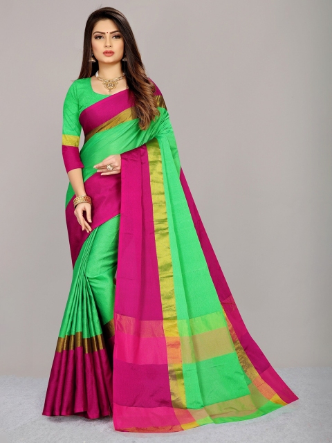 

APNISHA Green & Pink Zari Pure Cotton Saree