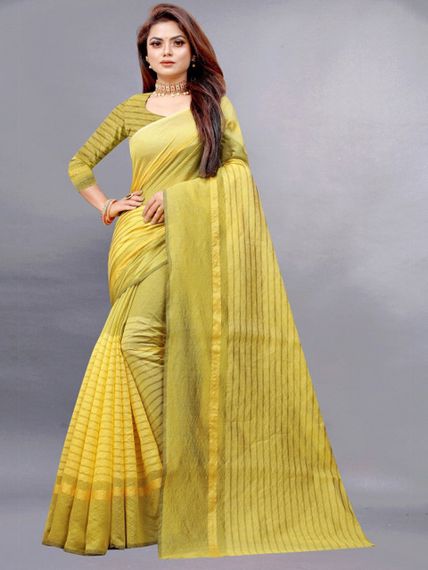 

APNISHA Yellow & Gold-Toned Striped Zari Pure Cotton Saree