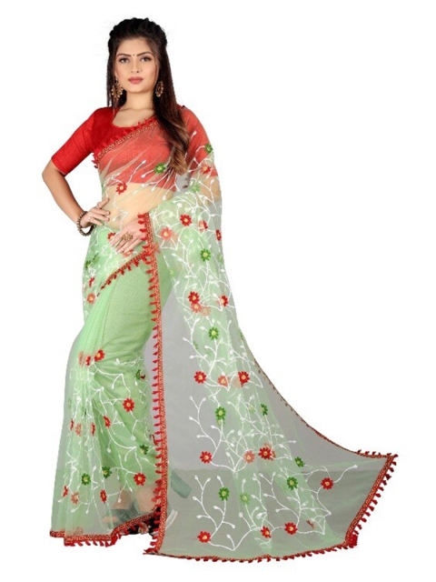 

APNISHA Green & Red Floral Zari Net Saree