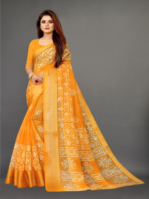 

APNISHA Yellow & White Floral Zari Pure Cotton Saree