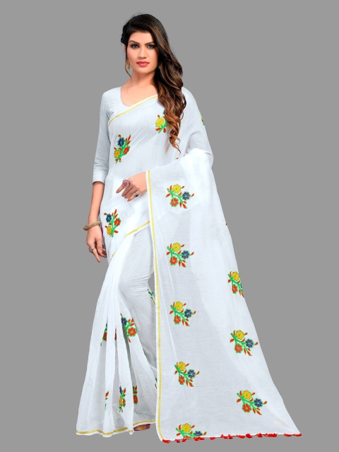 

APNISHA White & Green Floral Embroidered Pure Cotton Saree