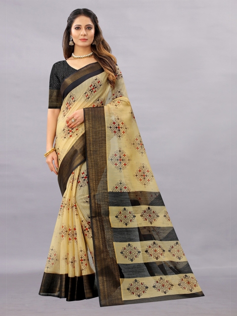 

APNISHA Black & Beige Ethnic Motifs Zari Pure Cotton Saree