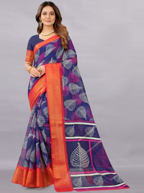 

APNISHA Navy Blue & Orange Floral Zari Pure Cotton Saree