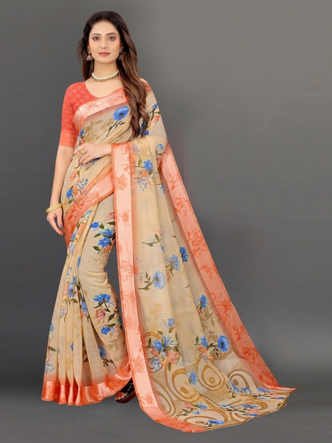 

APNISHA Beige & Blue Floral Saree