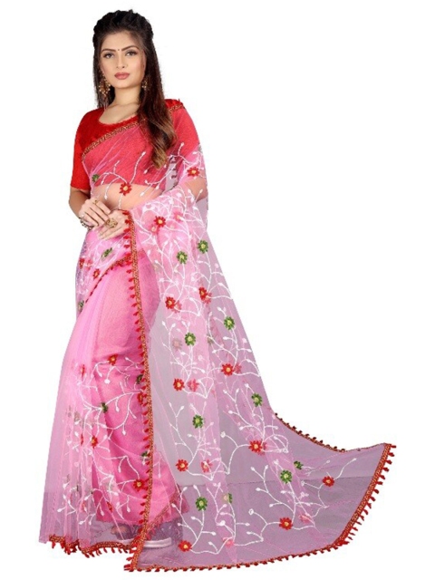 

APNISHA Pink & Green Floral Embroidered Net Saree