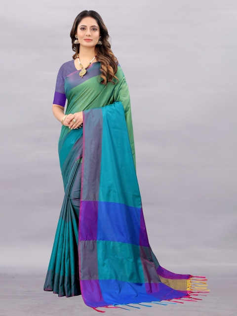 

APNISHA Teal & Purple Colourblocked Pure Cotton Saree