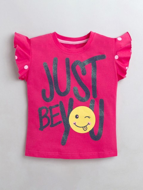 

Hopscotch Girls Red Typography Printed Applique T-shirt