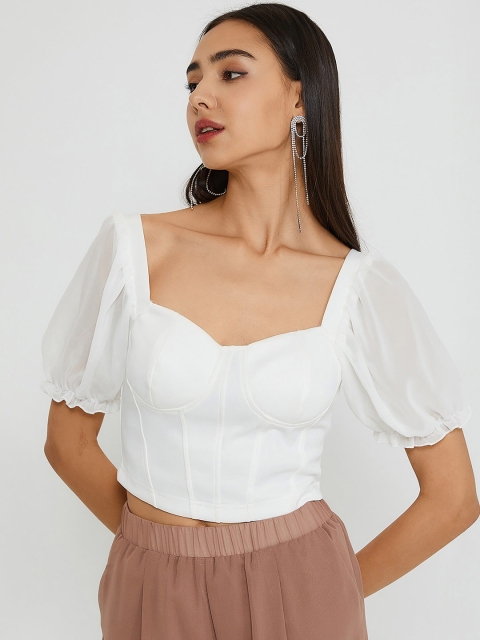 

URBANIC White Sweetheart Neck Blouson Crop Top