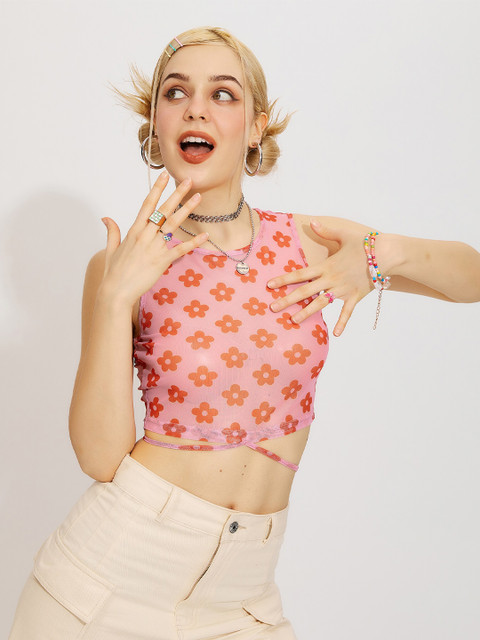 

URBANIC Pink Print Styled Back Crop Top