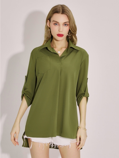 

URBANIC Olive Green Roll-Up Sleeves Shirt Style Top