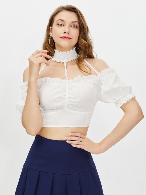 

URBANIC White Off-Shoulder Bardot Crop Top