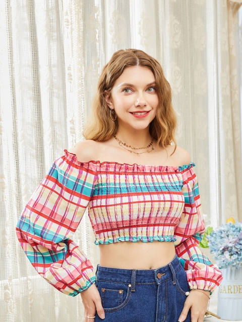 

URBANIC Multicoloured Checked Off-Shoulder Bardot Crop Top, Multi
