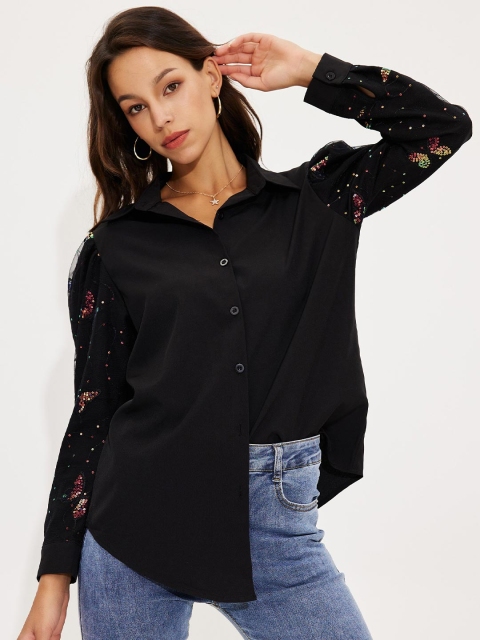 

URBANIC Black Embellished Shirt Style Top