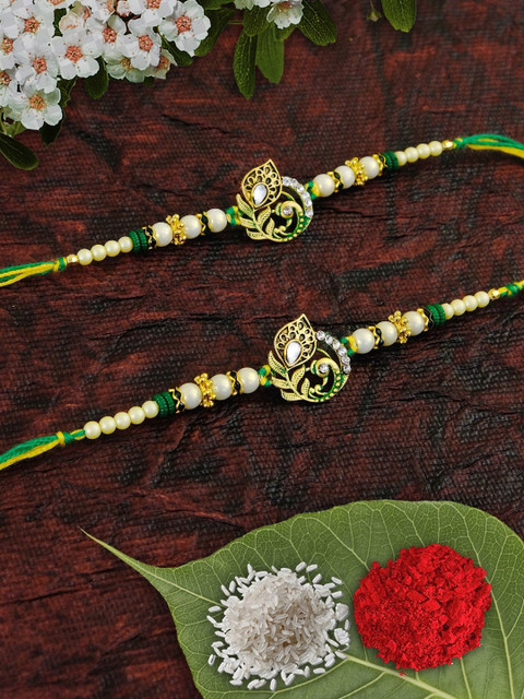

Crunchy Fashion Women Set Of 2 Green Rakhi With Roli Chawal