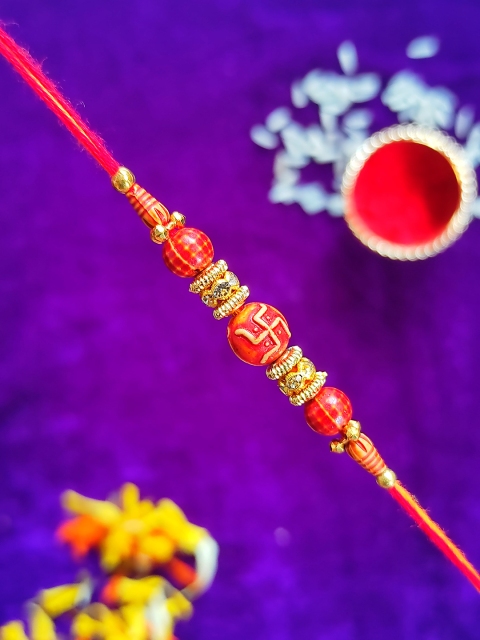 

CRAYTON Men Gold-Toned Beaded & Red Swastik Designed Rakhi