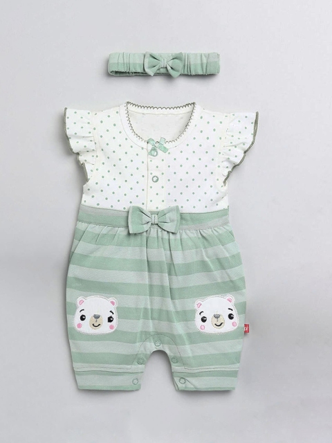 

Hopscotch Infant Girls Green & White Printed Pure Cotton Rompers With Headband