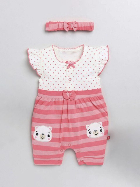 

Hopscotch Infant Girls Coral Red & White Printed Pure Cotton Rompers With Headband