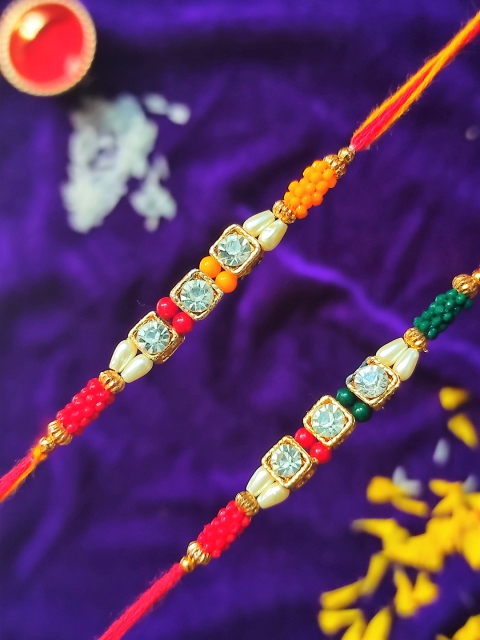 

CRAYTON Men Set Of 2 Maroon Beaded & Green Diamond Studded Rakhi