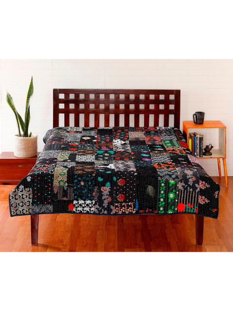 

HANDICRAFT PALACE Black Embroidered Patchwork Cotton Single Bed Cover
