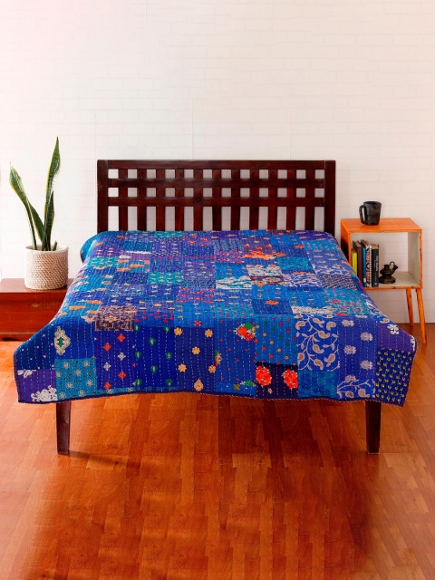

HANDICRAFT PALACE Blue Kantha Embroidered Patchwork Cotton Single Bed Cover