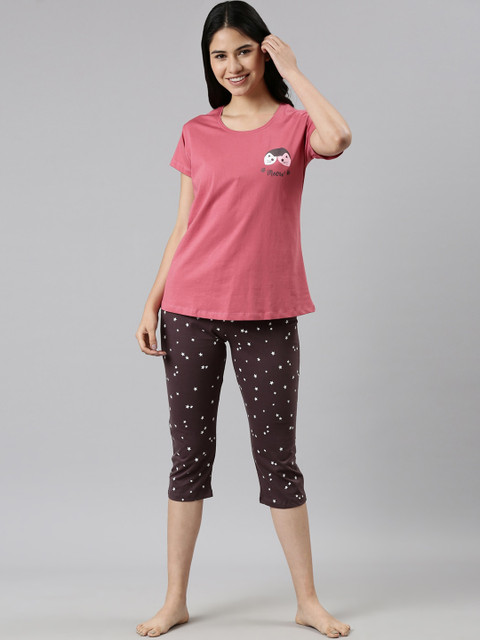 

GOLDSTROMS Women Peach-Coloured & Brown Printed Night suit