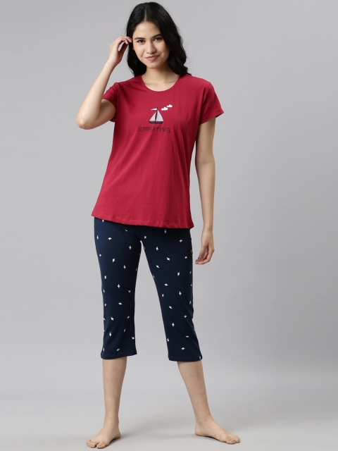 

GOLDSTROMS Women Red & Navy Blue Printed Night suit