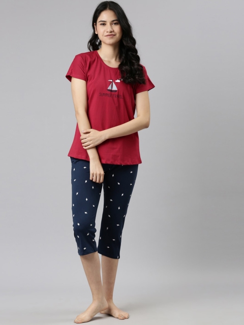 

GOLDSTROMS Women Red & Navy Blue Printed Night suit