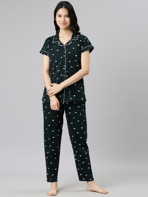 

GOLDSTROMS Women Green & White Printed Night suit