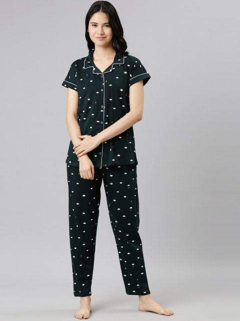 

GOLDSTROMS Women Green & White Printed Night suit