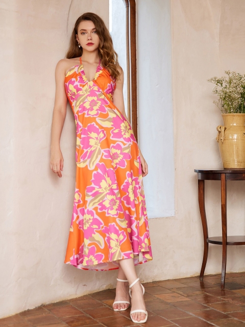 

URBANIC Red Floral Halter Neck A-Line Midi Dress