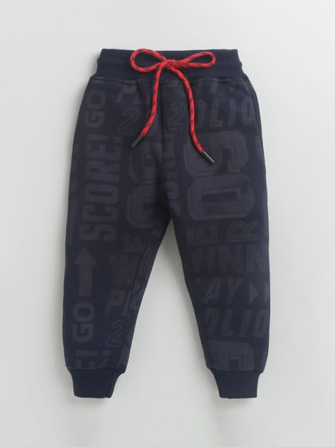 Hopscotch Boys Navy Blue Typography Printed Jogger