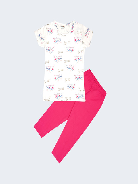 

Taatoom Girls White & Fuchsia Printed Pure Cotton Night Suit