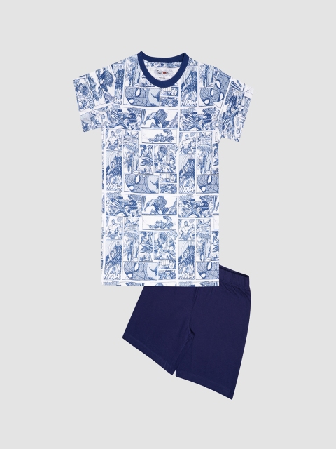 

Taatoom Boys White & Blue Printed Pure Cotton Night suit