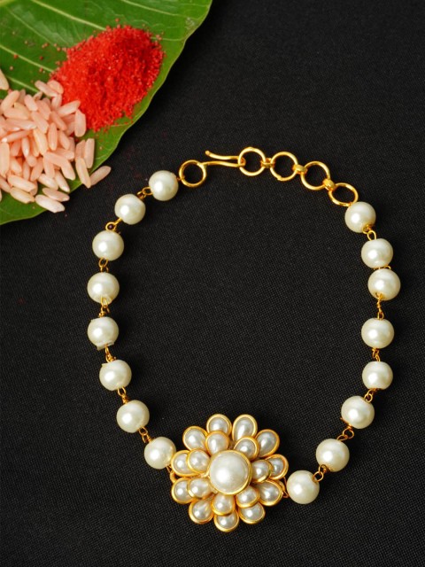 

Urmika Men Gold-Toned & White Pearl Beaded Rakhi & Roli Chawal