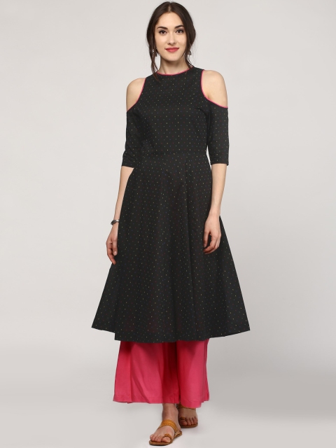 

SASSAFRAS Women Black Woven Design Cold-Shoulder A-Line Kurta
