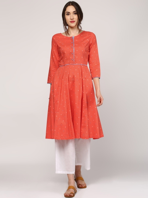 

SASSAFRAS Women Coral Orange Woven Design Anarkali Kurta