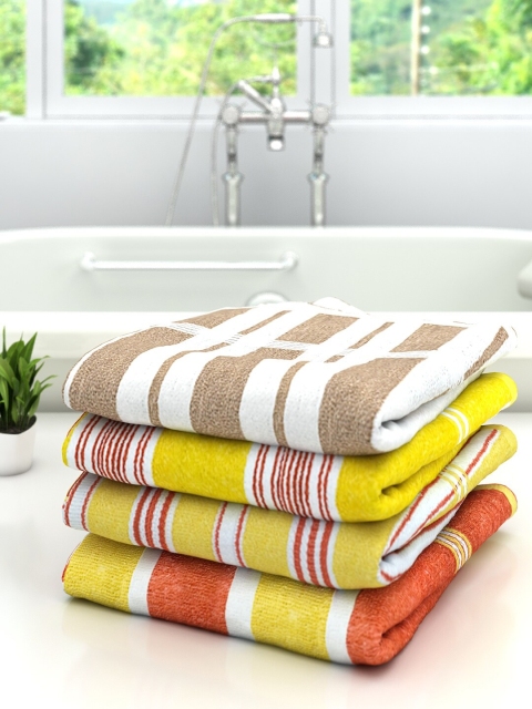 

Athom Trendz Set of 4 Yellow & Red Striped Pure Cotton 300 GSM Bath Towel