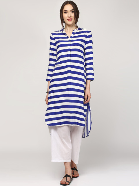 

SASSAFRAS Women Blue & White Striped High-Low Kurta