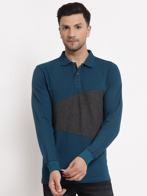 

Kalt Men Teal Colourblocked Polo Collar Applique T-shirt