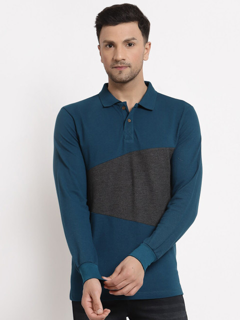 

Kalt Men Teal Colourblocked Polo Collar Applique T-shirt