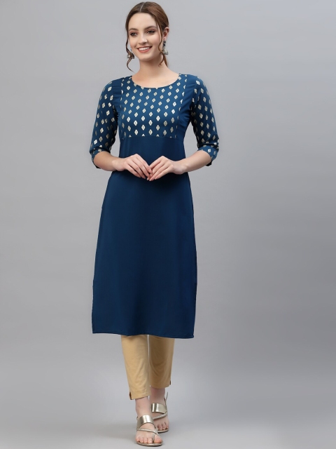 

ALC Creations Women Blue & space cadet Geometric Yoke Design Mirror Work Crepe Kurta