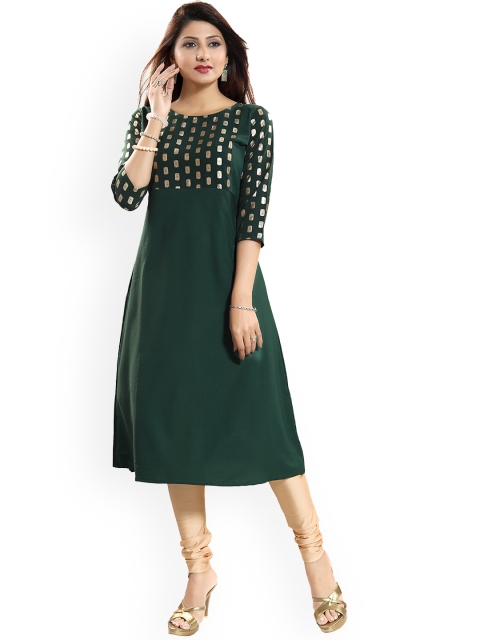 

ALC Creations Women Green Flared Sleeves Thread Work Crepe Kurta