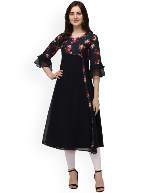 

ALC Creations Women Navy Blue & xiketic Floral Embroidered Flared Sleeves Thread Work Floral Crepe Anarkali Kurta