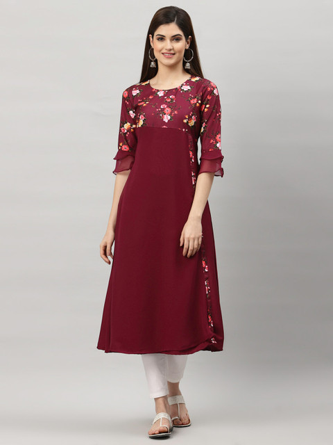 

ALC Creations Women Purple Flared Sleeves Thread Work Floral Crepe Kurta