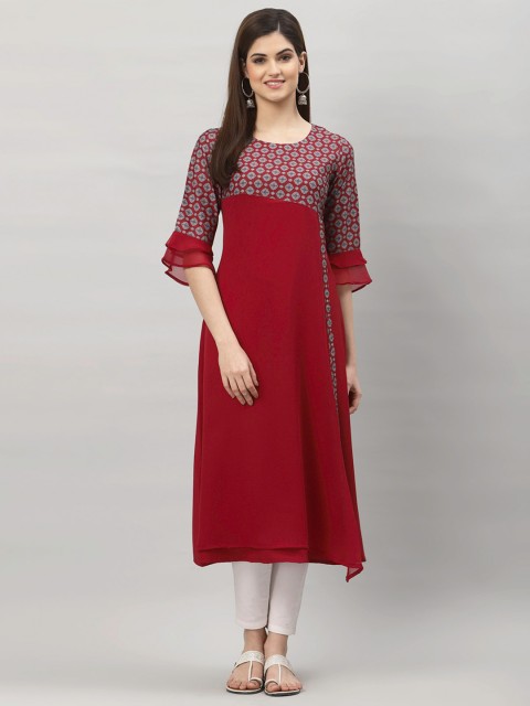 

ALC Creations Women Red Ethnic Motifs Keyhole Neck Flared Sleeves Thread Work Floral Crepe Kurta