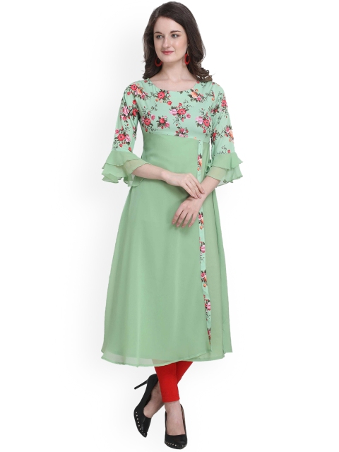 

ALC Creations Women Green Floral Yoke Design Keyhole Neck Flared Sleeves Thread Work Floral Crepe Kurta