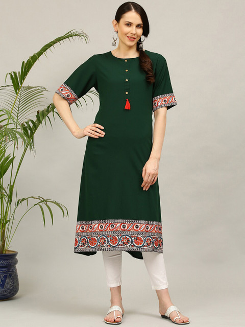 

ALC Creations Women Green Keyhole Neck Flared Sleeves Thread Work Floral Crepe Kurta